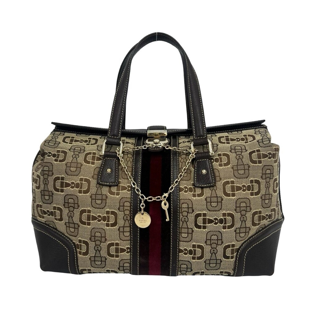 GUCCI Sherry Line Horsebit Pattern Canvas Leather Velour Handbag Tote Bag Bro...